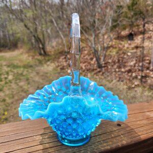 Vintage Fenton Blue Opalescent Hobnail Basket